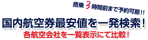 搭乗３時間前まで予約可能!! 国内航空券最安値を一発検索!各航空会社を一覧表示にて比較！